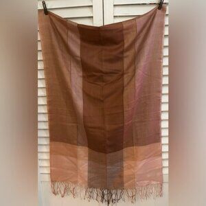 Silk-Like Brown & Beige Striped Scarf With Fringe By Si Li Da